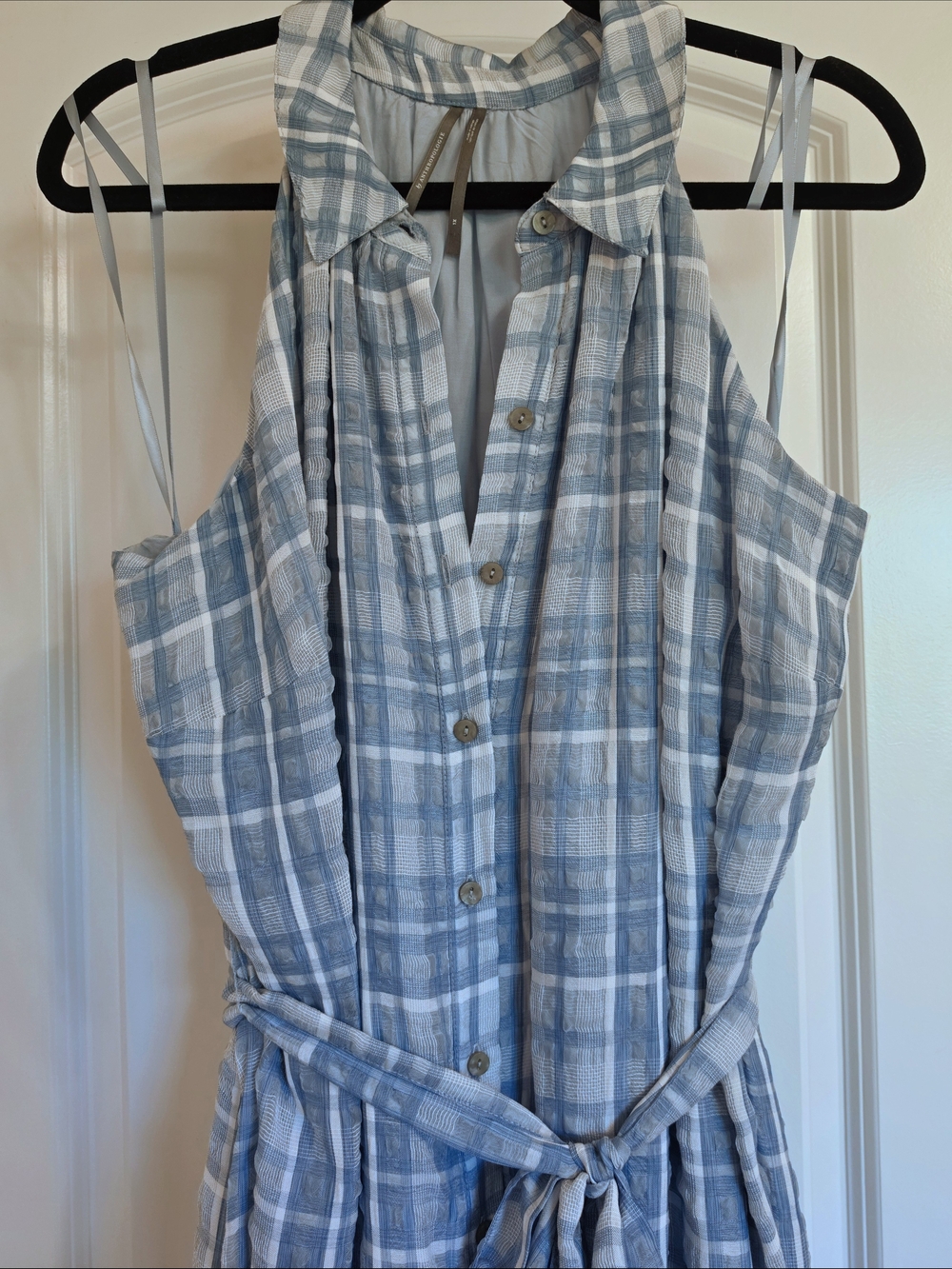 Anthropologie Sleeveless Light Blue Plaid Button-Front Maxi Dress - Picture 5 of 9